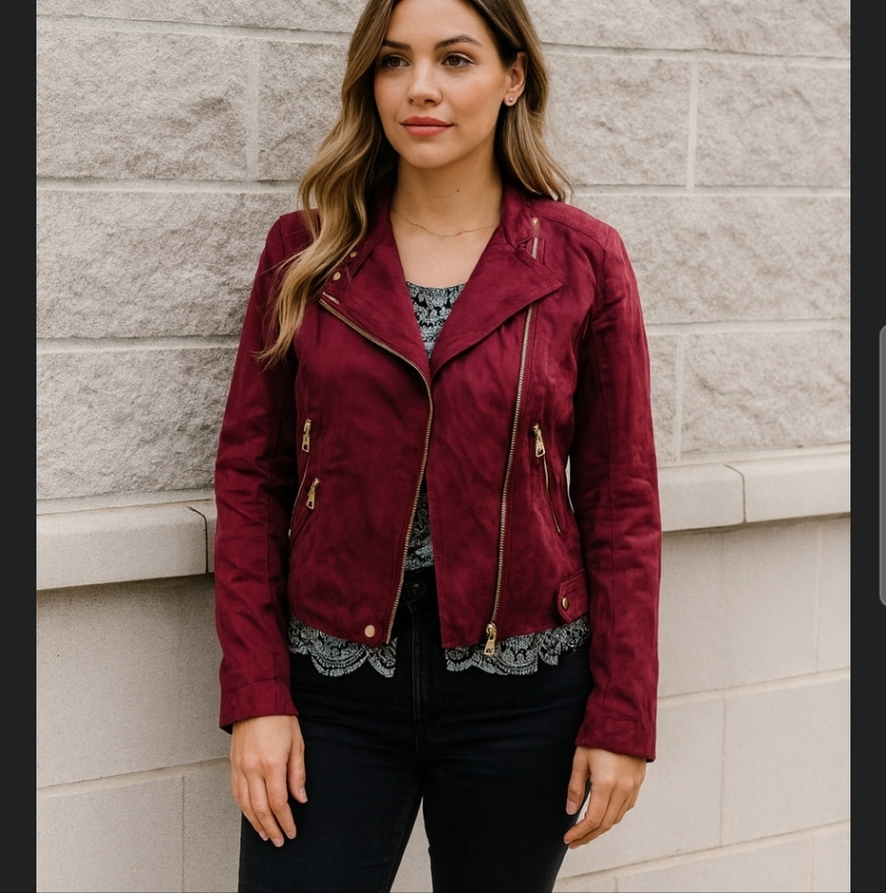 Club Monaco Rimona Cropped Moto Jacket Wildberry Burgundy Red Gold Tone Hardware